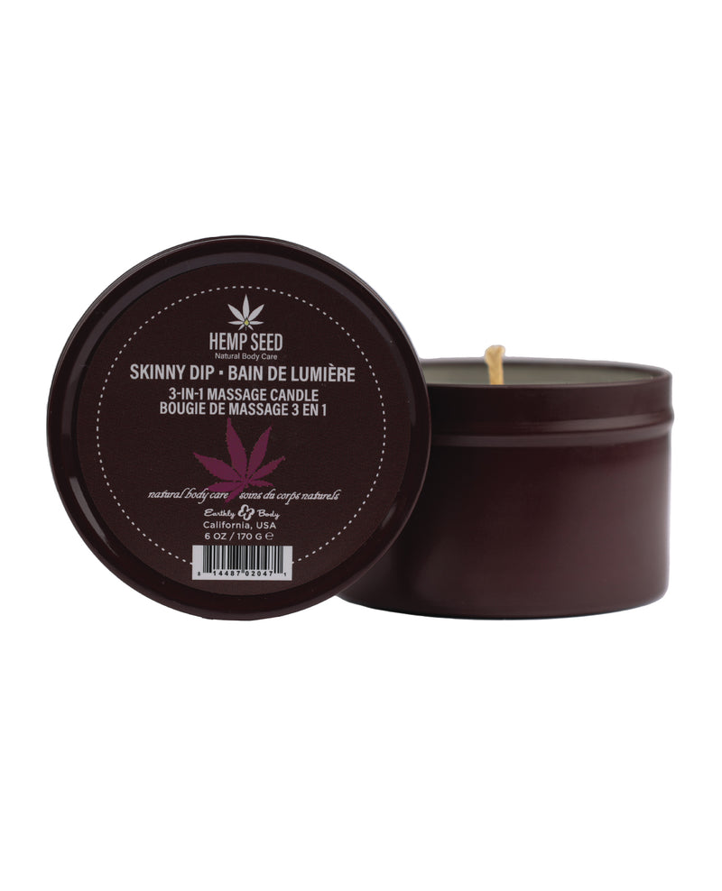 Charger l&#39;image dans la visionneuse de la galerie, Earthly Body Suntouched Hemp Candle 6 Oz Round Tin Skinny Dip Massage Oil
