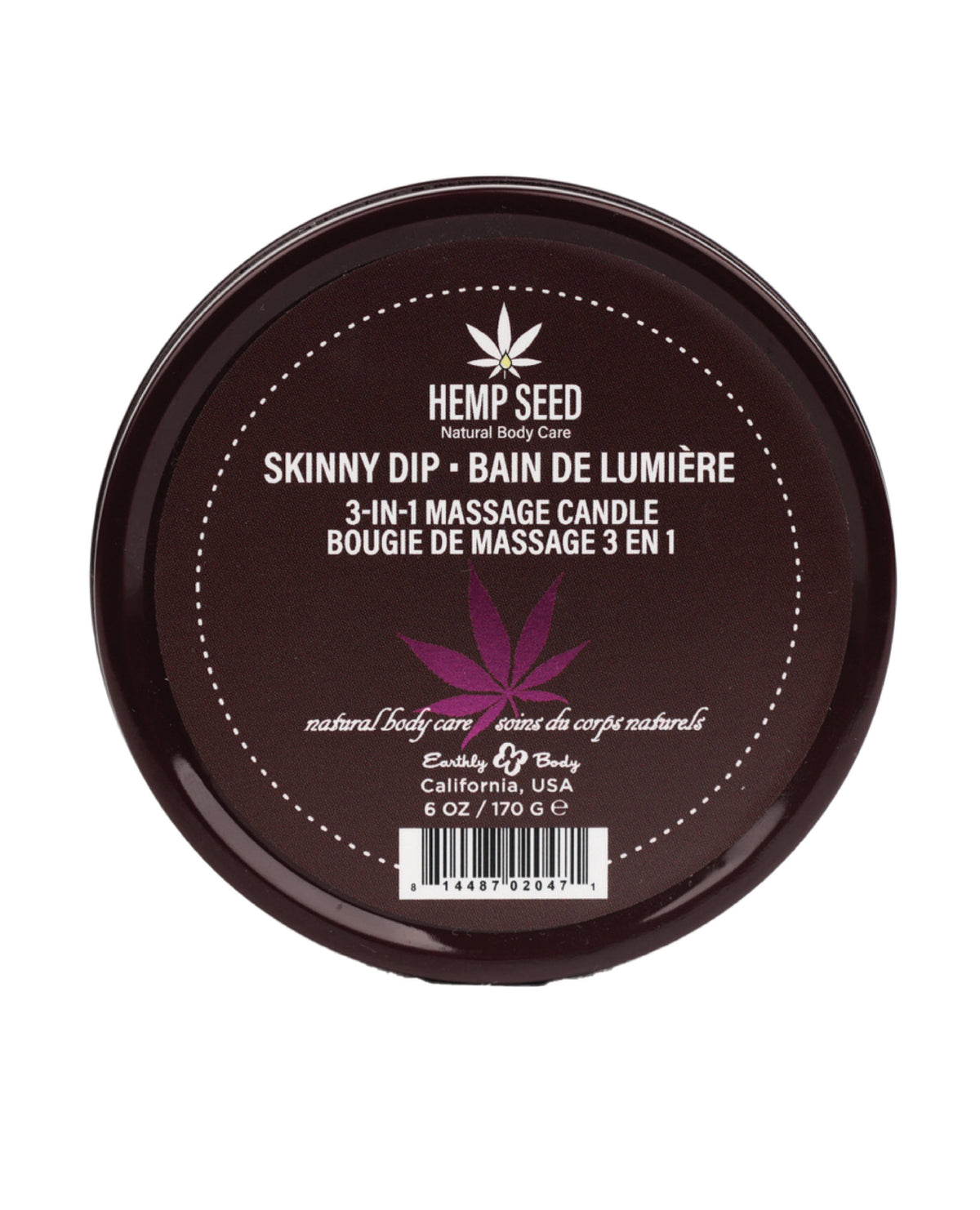 Earthly Body Suntouched Hemp Candle 6 Oz Round Tin Skinny Dip Massage Oil