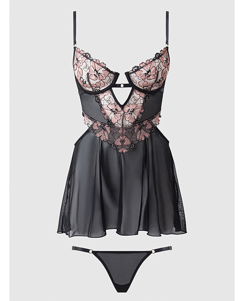 Nova Lace & Mesh Babydoll w/G-String 2 pc Set - Black MD