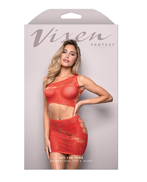 Vixen Set The Tone Rhinestone Knit One Shoulder Top w/Skirt 2 pc Set - Red O/S