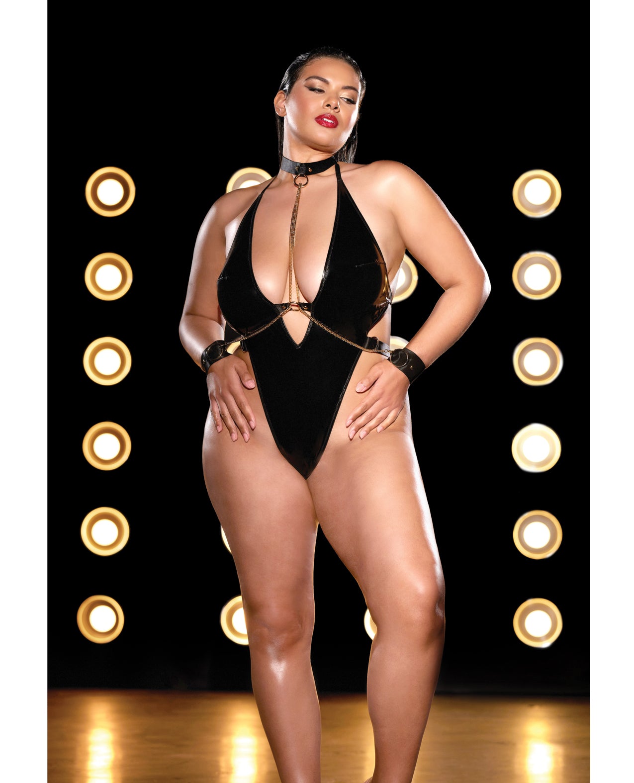 FETISH Submissive V-Plunge Vinyl Teddy w/Removable Chain Harness & Hand Cuff Black 1X/2X