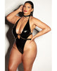 Ladda bilden i Galleri Viewer, FETISH Submissive V-Plunge Vinyl Teddy w/Removable Chain Harness &amp; Hand Cuff Black 1X/2X
