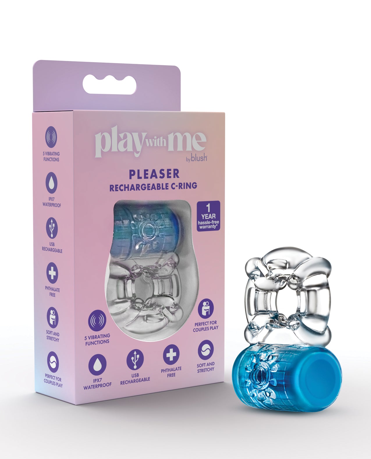 Blush Play with Me Pleaser Rechargeable C Ring - Blue