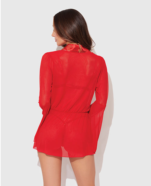 Dragon Sheer Mesh Robe w/Satin Triangle Top & G-String 3 pc Set - Red XL