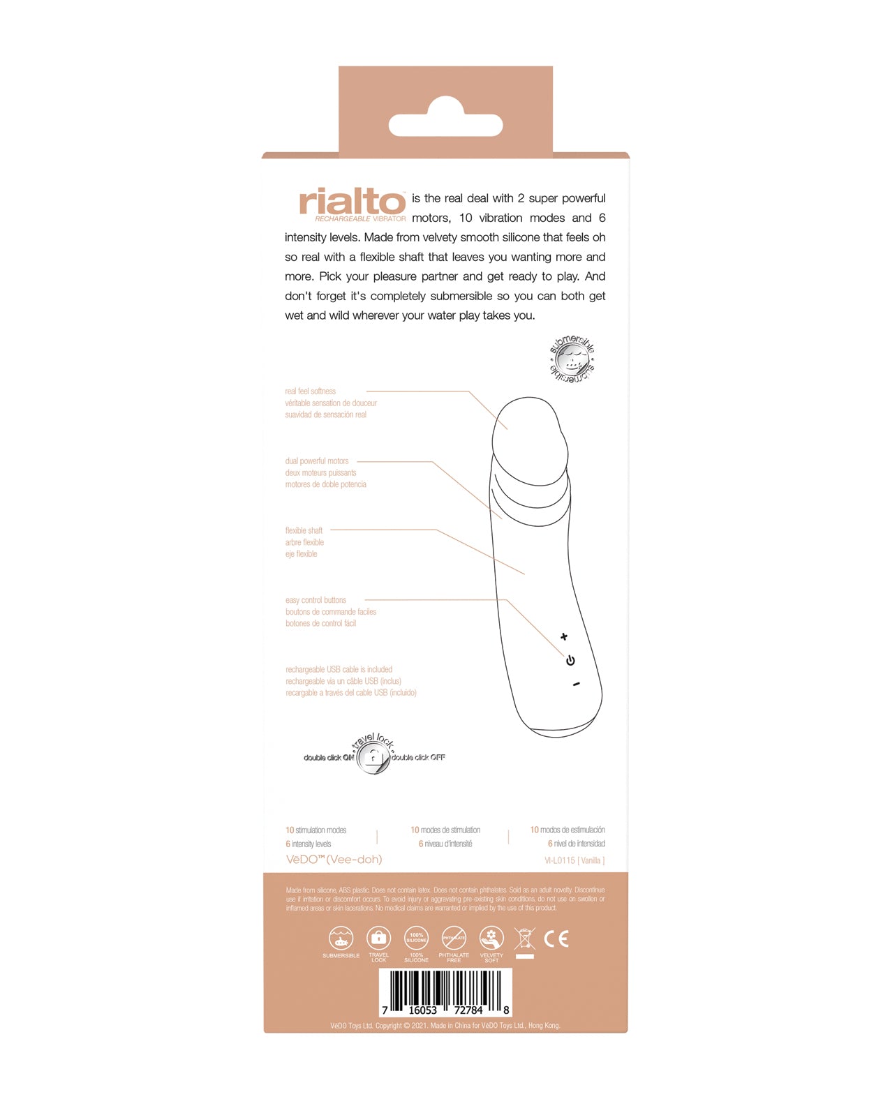 VeDO Rialto Rechargeable Vibrator Vanilla Silicone Dual Motors 10 Modes