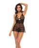 Załaduj obraz do przeglądarki galerii, Lace Long Line Underwire Bra w/Removable Skirt &amp; Thong Panty Black L/XL
