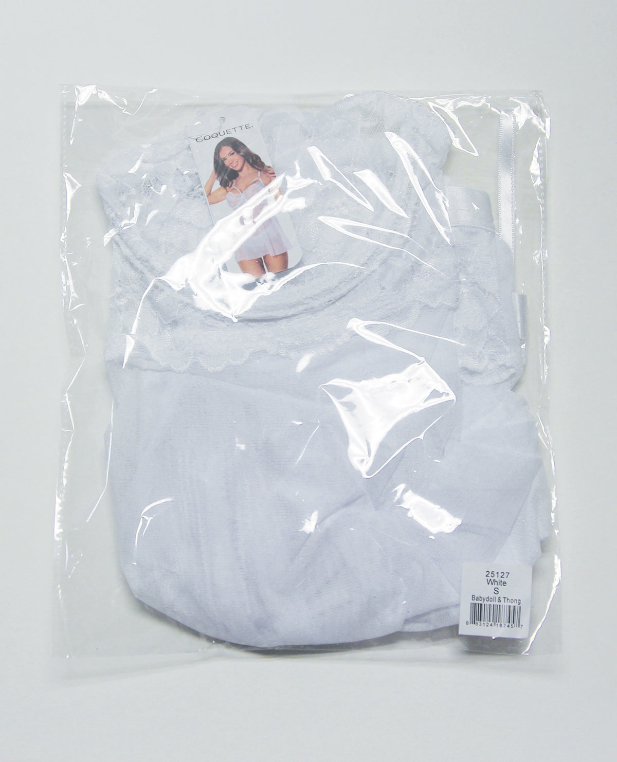 Scallop Stretch Lace & Mesh Babydoll w/Thong - White LG