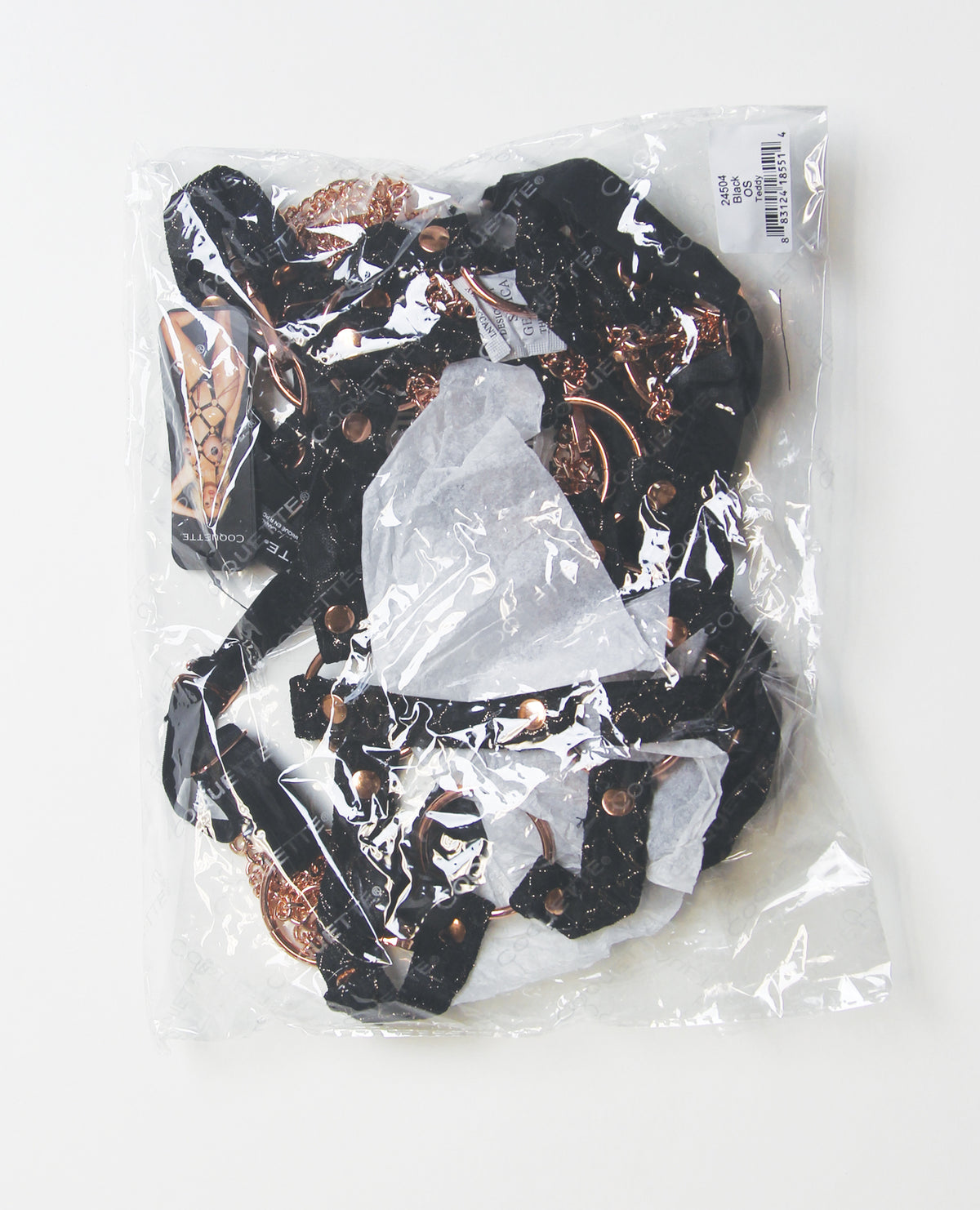 Pleasure Collection Your Command Harness Teddy w/Mini Chain Whips - Black/Rose Gold QN