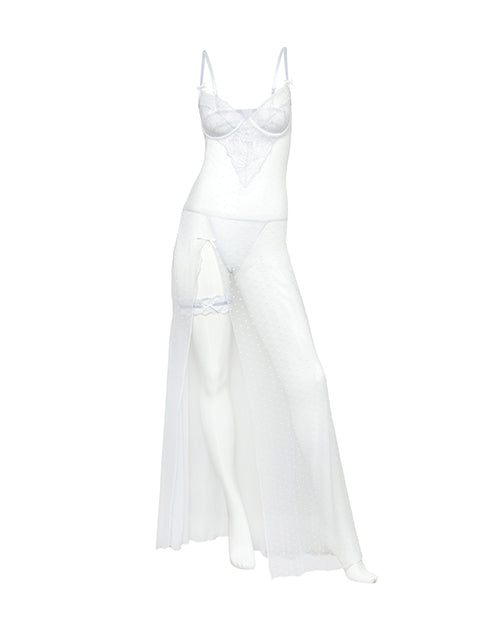 Livia Dot Mesh & Lace Underwire Gown & Garter 2 pc Set - White 1X/2X