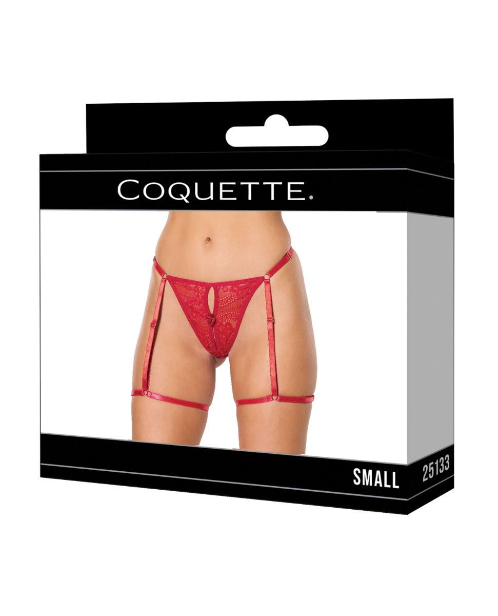 Lace Thong w/Garters and Bow Detail - Red SM