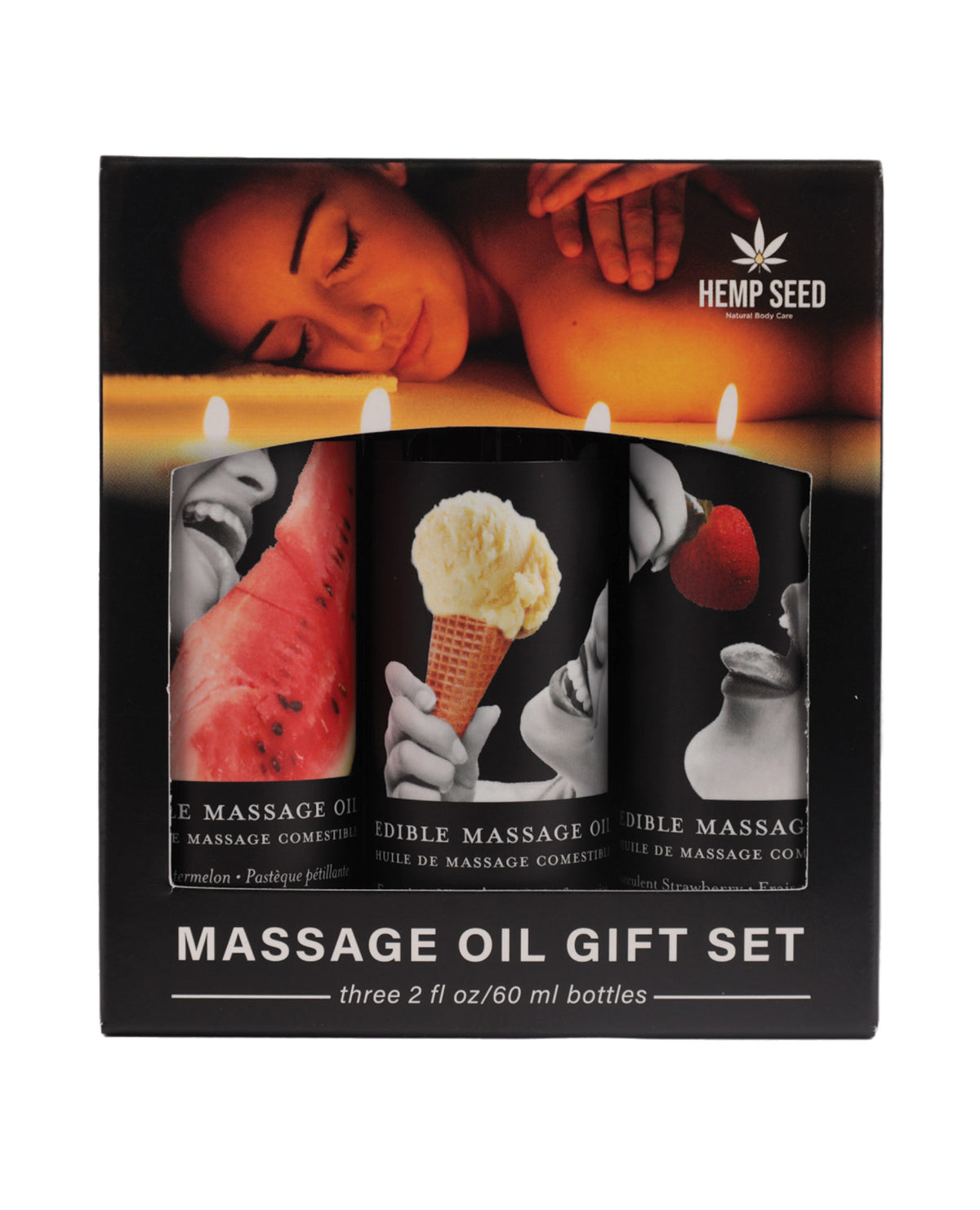 Set de regalo de aceite de masaje comestible Earthly Body - 2 oz Sandía, Fresa y Vainilla