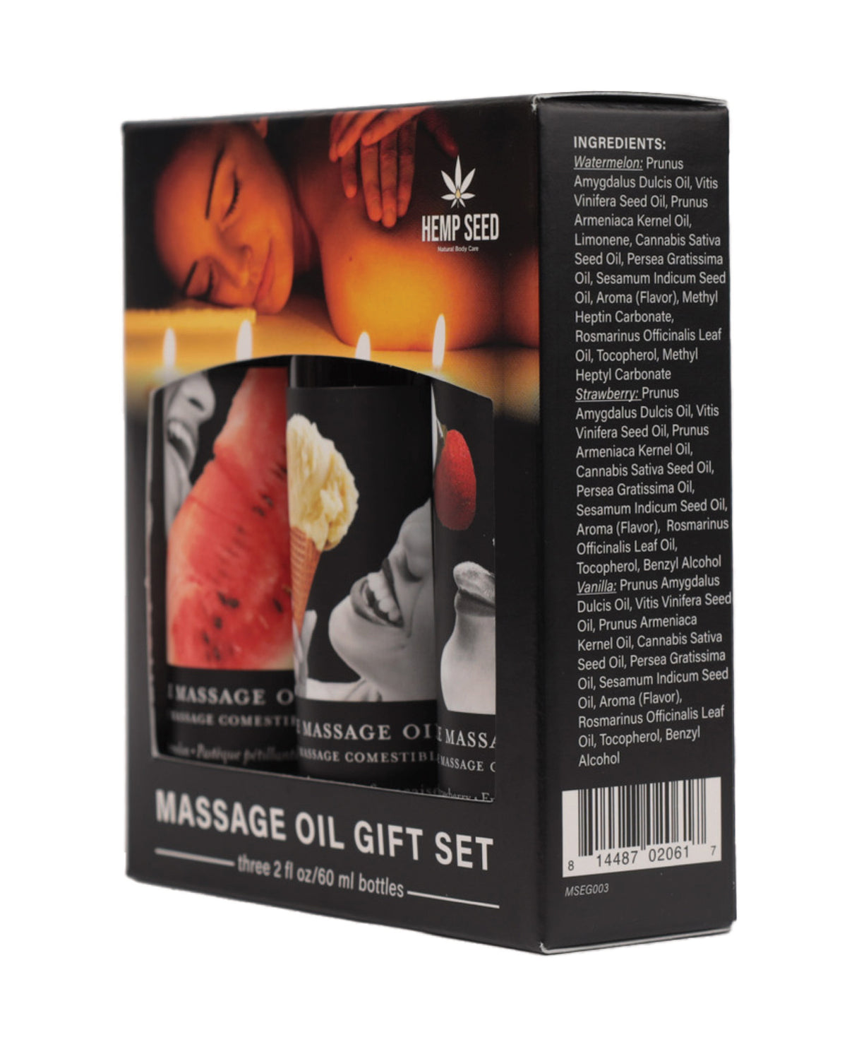Set de regalo de aceite de masaje comestible Earthly Body - 2 oz Sandía, Fresa y Vainilla