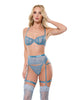 Load image into Gallery viewer, Floral Lace with Gold Hardware Underwire Bra w/Garter &amp; Thong 3 pc Set - Blue MD
