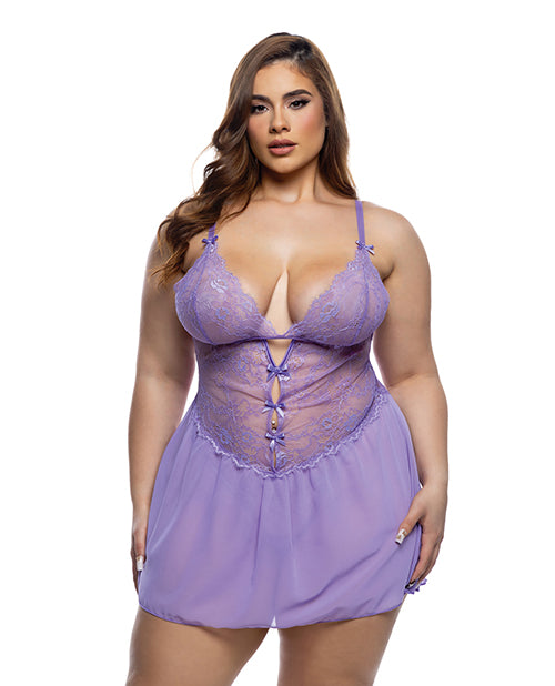 Paradise Dream Lace and Mesh Babydoll w/Thong - Lilac 1X/2X