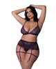 Load image into Gallery viewer, Leather &amp; Lace Stretch Mesh and Lace Bralette w/Garter &amp; Thong 3 pc Set - Plum 2X
