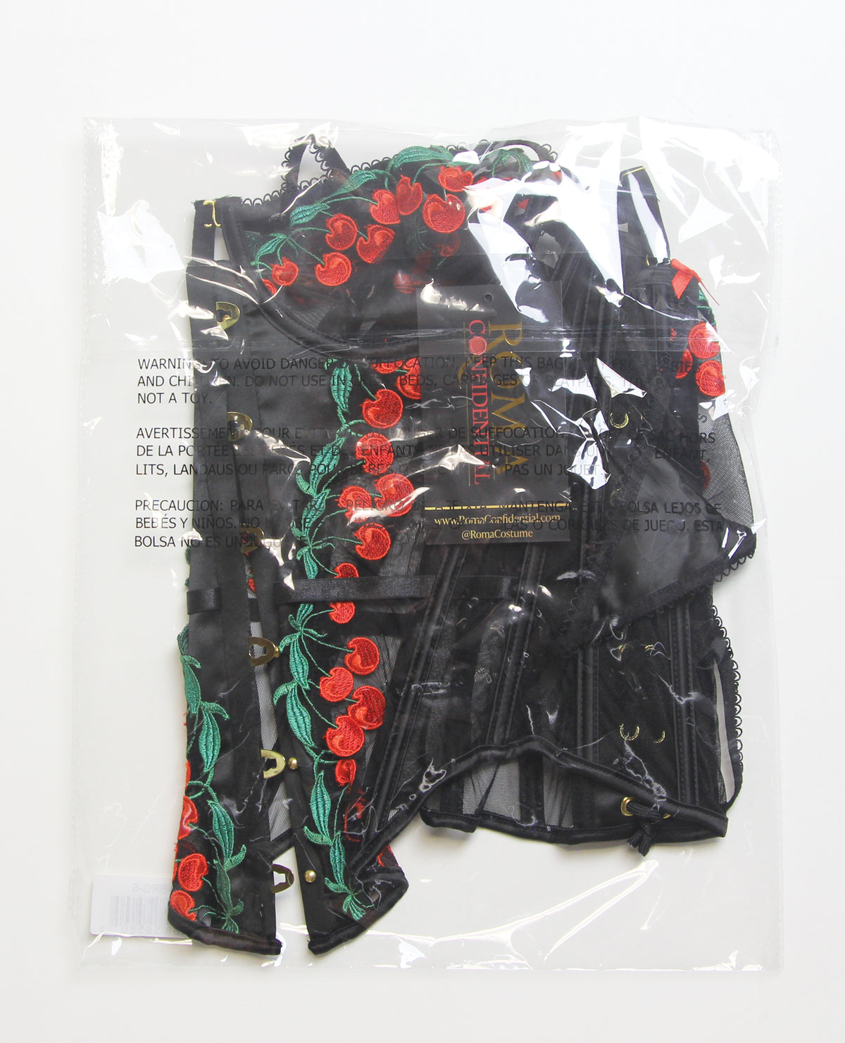 Cherry Delight Embroidered Underwire Corset w/G-String - Black XL