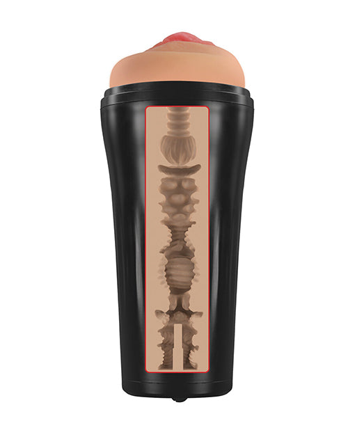 Mistress Vibrating Pussy Masturbator Tan With 3 Speeds 7 Patterns Textured Inner Tunnel Removable Sleeve IPX5 Waterproof