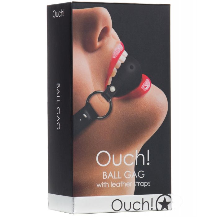 Shots Ouch Ball Gag w/Leather Straps - Black