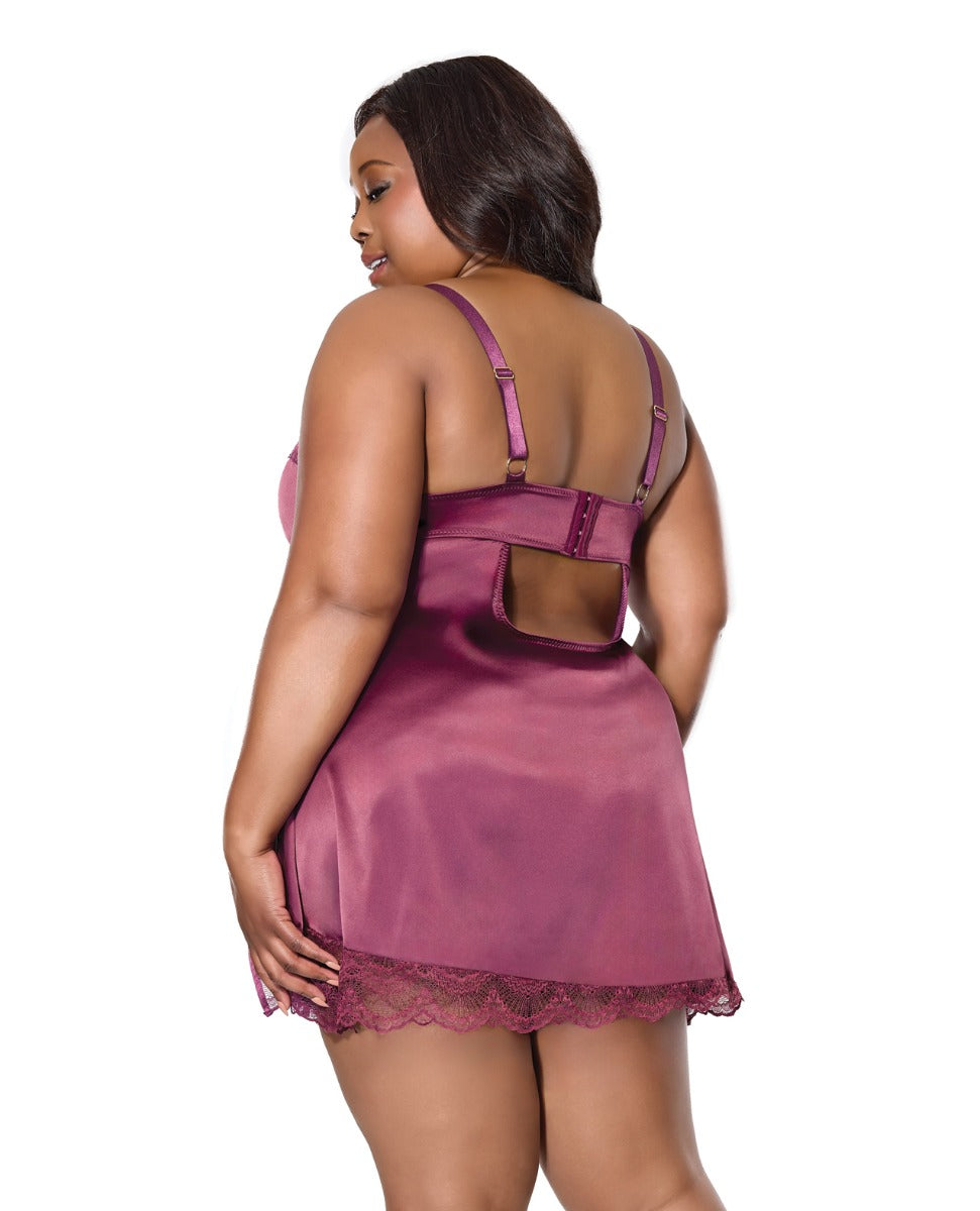Scallop Lace Trimmed Stretch Satin Chemise w/Underwire Cups - Mauve Plum 3X/4X
