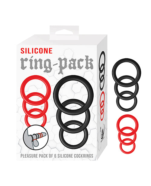 Paquete de seis anillos para el pene de silicona Nasstoys, rojos y negros