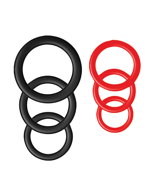 Paquete de seis anillos para el pene de silicona Nasstoys, rojos y negros