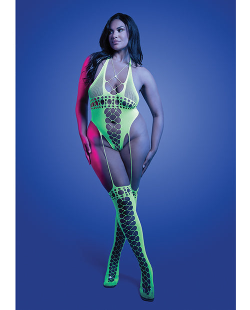 Load image into Gallery viewer, Paradigm UV Reactive Halter Teddy Bodystocking Neon Green QN
