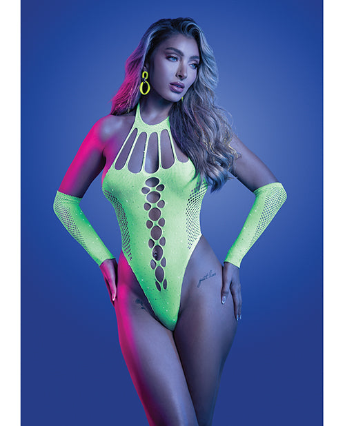 Cargue la imagen en el visor de la galería, UV Reactive Rhinestone Studded Teddy and Gloves Leg Warmers Set Neon Green OS
