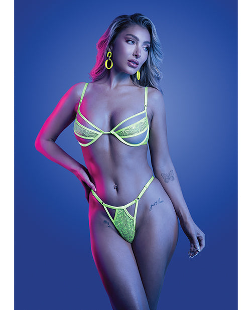 Mind Control UV Reactive Lace And Mesh Underwire Bra And Thong Neon Green SM