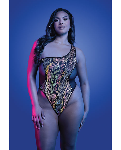 Luminescent Flash Reflective Floral Print One Shoulder Teddy Black