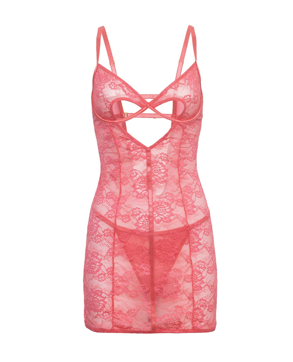 Ava Spitzen-Babydoll mit Bügel und String, Schlafwäsche-Set, rosa