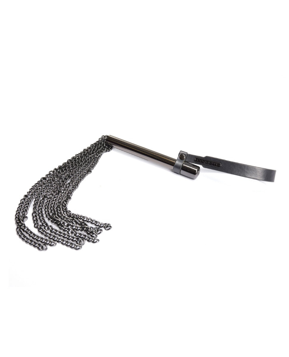 Gunmetal Glam Mini Whip With Metal Chain Strands And Wrist Strap