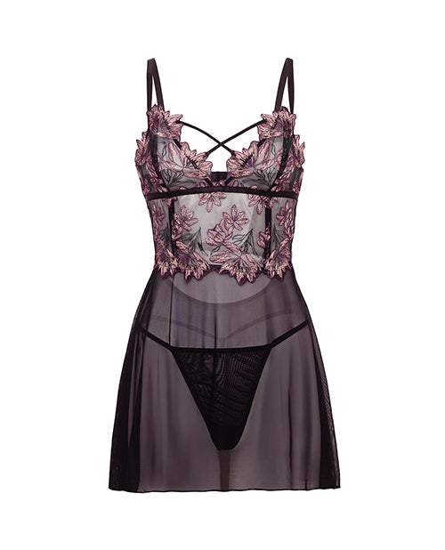 Adela Embroidered Boned Lace Mesh Babydoll Set With G String Black Pink XL