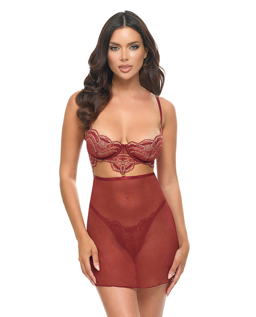 Arielle Unlined Underwire Lace Babydoll And G String Burgundy Size L XL