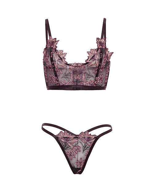 Adela Embroidered Boned Bustier G String Set Lingerie Black Pink MD