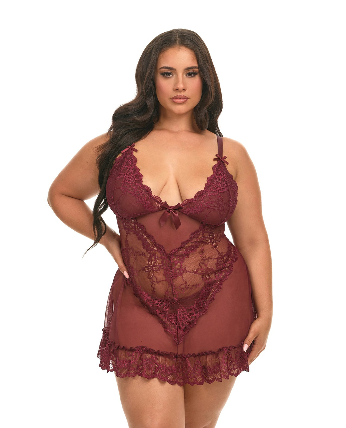 Women Plus Size Lace Babydoll Intimates With Bows G String