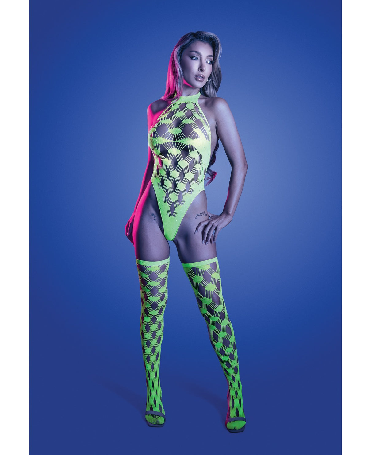 Teddy e calze a rete Adrenaline verde neon con strass e diamanti