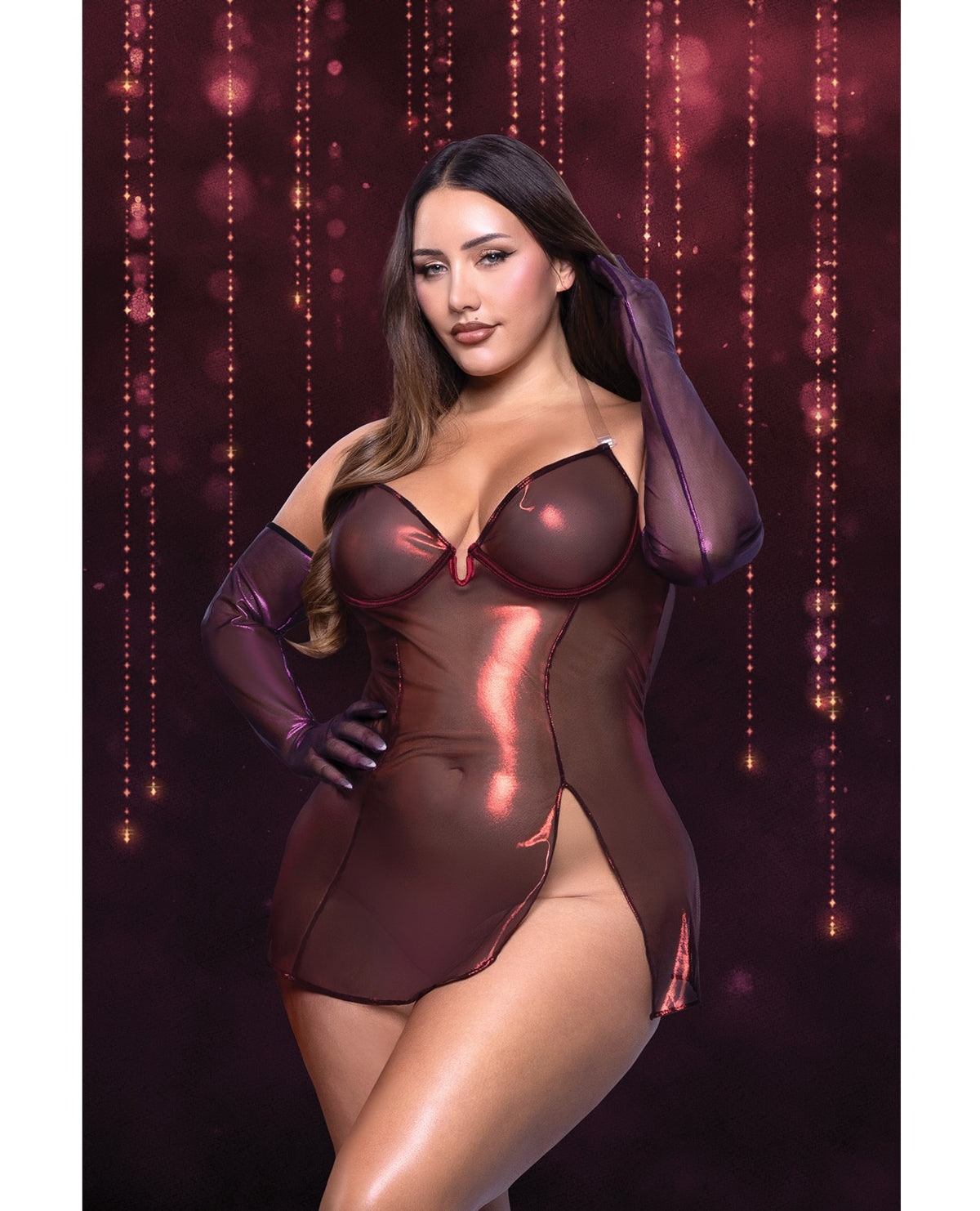Vestido babydoll Scarlet Shimmer de talla grande, rojo, con espalda de cordones y guantes, 3X 4X
