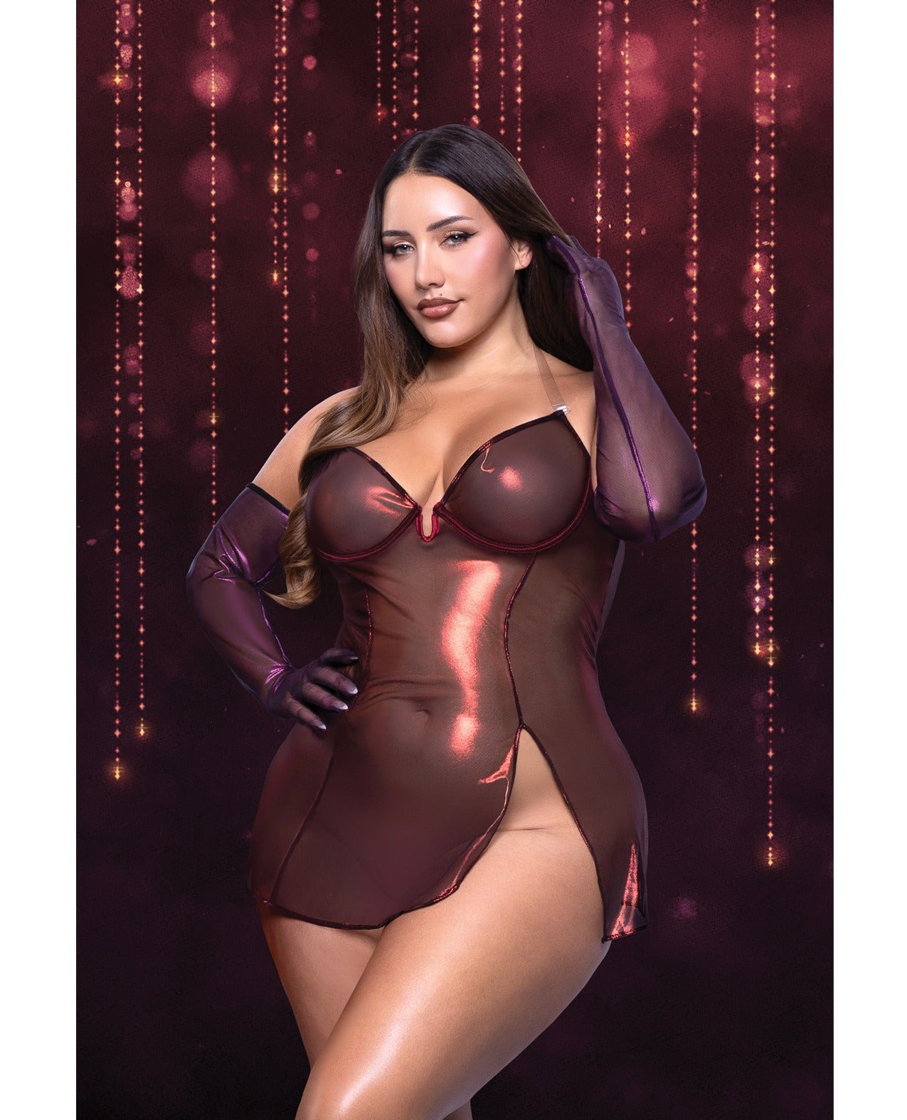 Scarlet Schimmer-Chemise-Kleid in Übergröße mit Schnürung am Rücken, rot, mit Handschuhen, 3X 4X