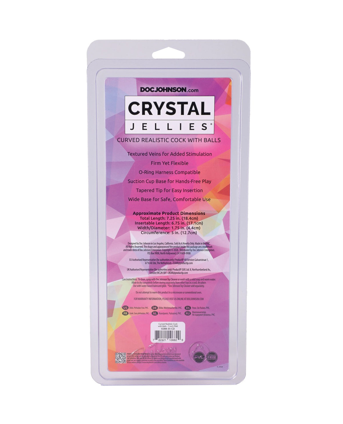 Doc Johnson Crystal Jellies 7-Zoll gebogener realistischer Penis mit rosa Hoden.