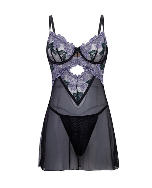 Ensemble pour femme ronde avec babydoll transparent brodé de fleurs à armatures et string