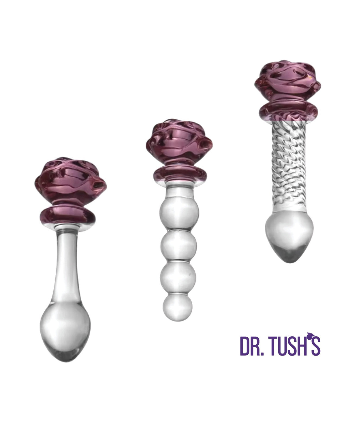 Set premium de dopuri anale din sticlă, în formă de trandafir, Dr. Tush, din sticlă borosilicată