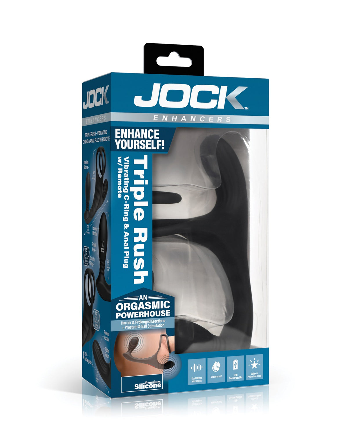 Curve Toys Jock Triple Rush Anillo vibrador de silicona para el pene con plug anal y control remoto
