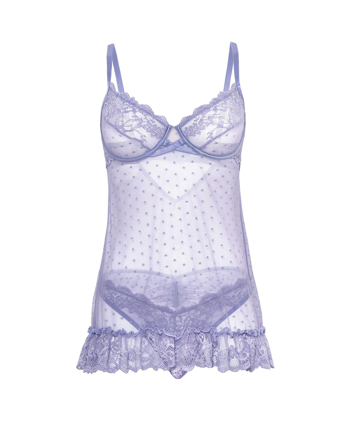 Koronkowy komplet bielizny nocnej Amira typu babydoll na fiszbinach z majtkami, Purple Haze