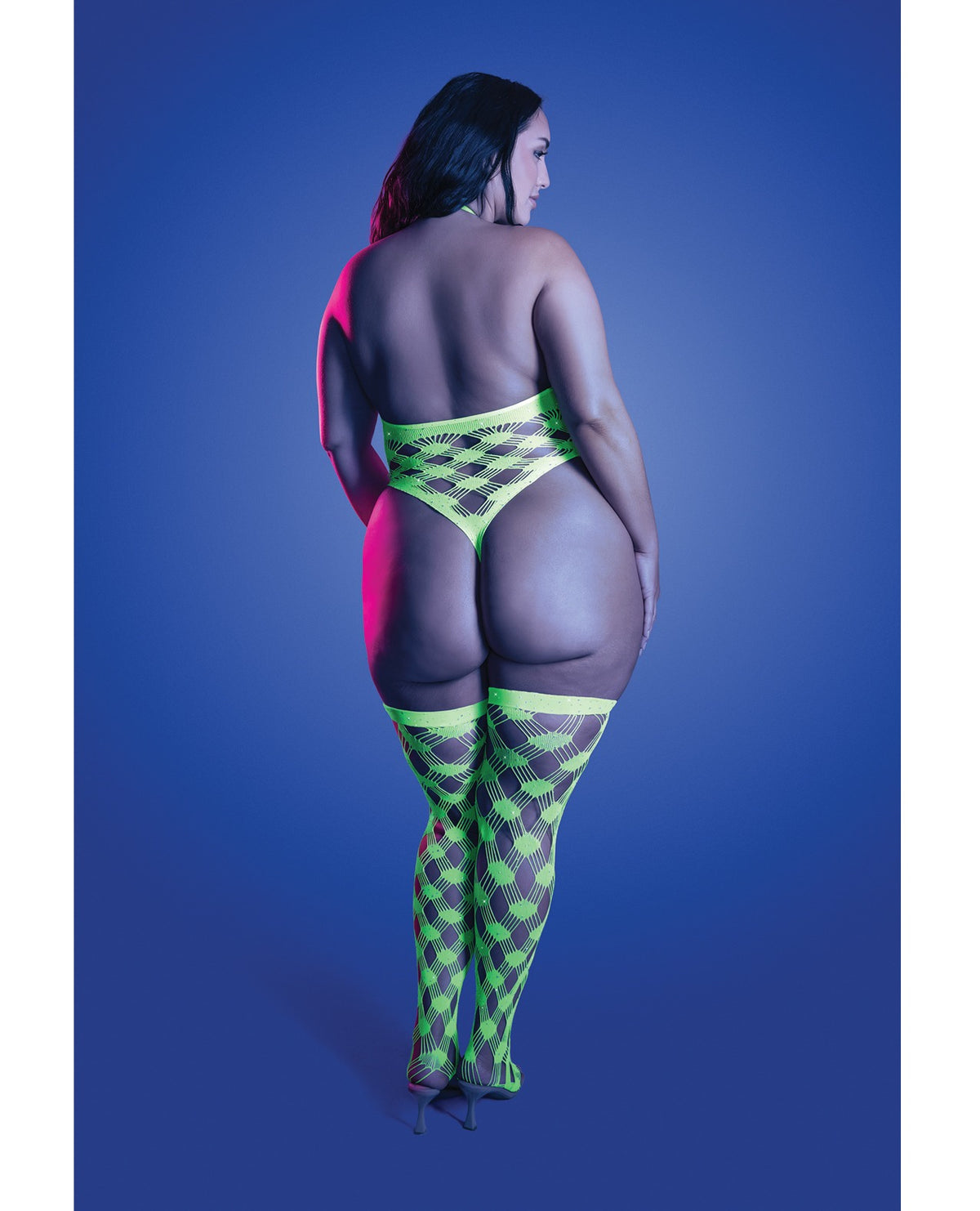 Ensemble grande taille avec teddy dos nu vert néon et bas résille à strass géométriques