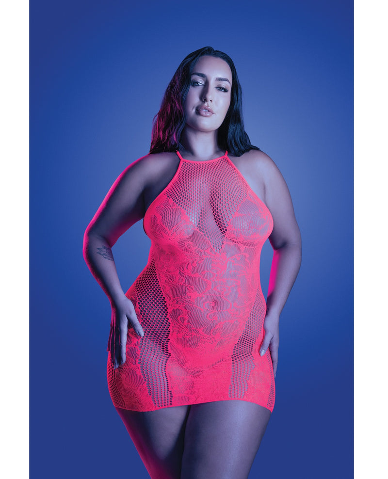 Load image into Gallery viewer, Floral Knit Fishnet Halter Dress Neon Pink Plus Size
