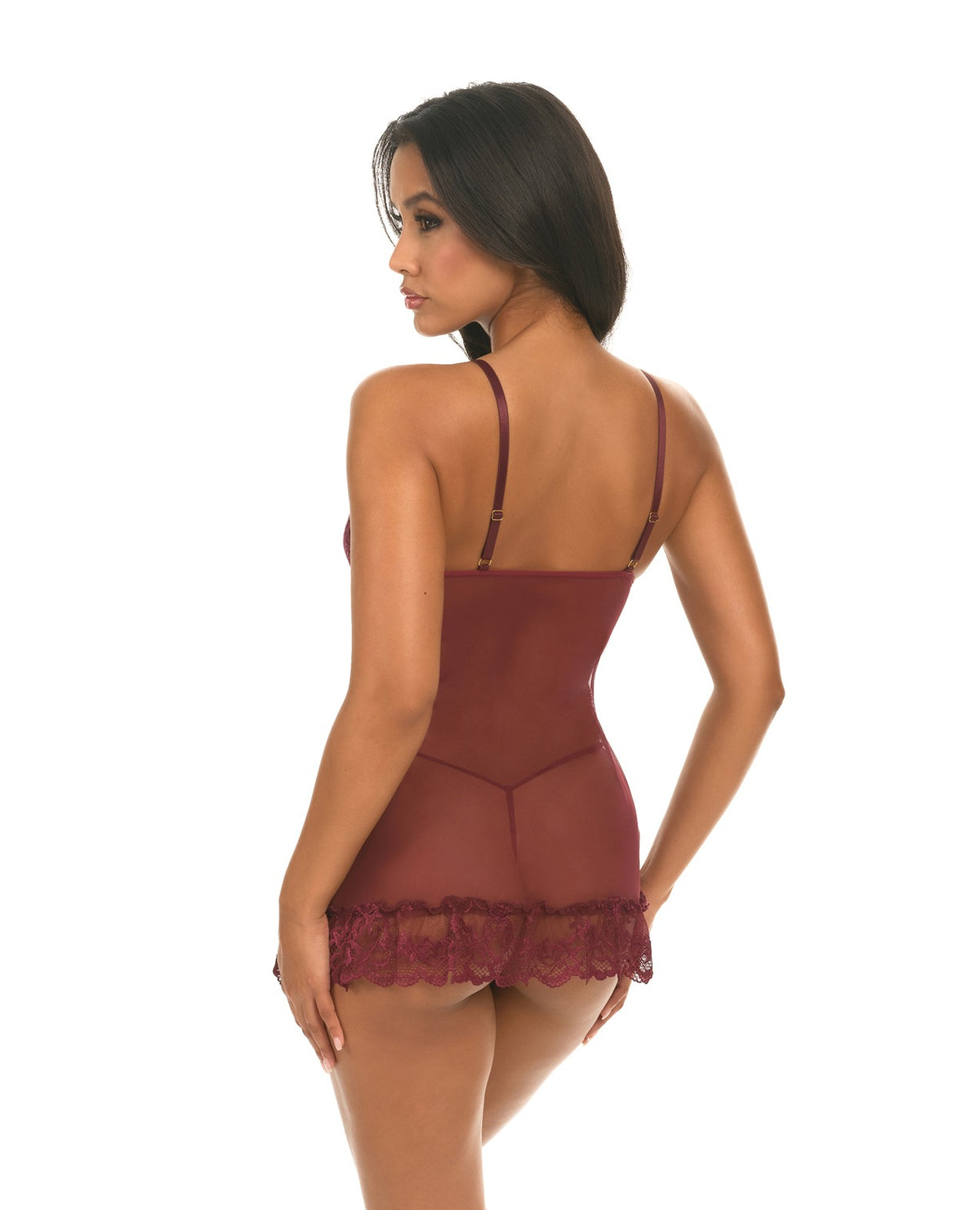 Valentine spetsbabydoll-underkläder med rosett och trosor, Zinfandel, Large