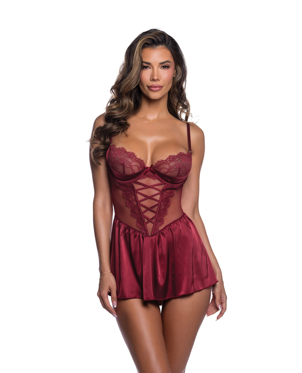 Babydoll en dentelle extensible et satin avec détail de nœud croisé, couleur vin