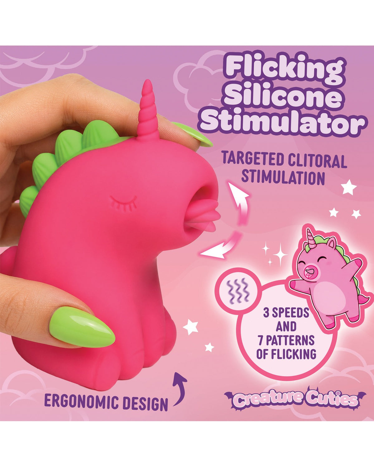 Vibrador de clítoris de silicona Creature Cuties Flicking, tres velocidades y siete patrones