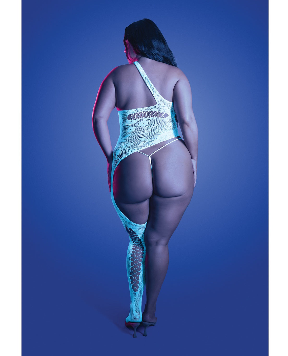 Floral Knit Bodystocking And Panty Glows Blue Lingerie Size Qn