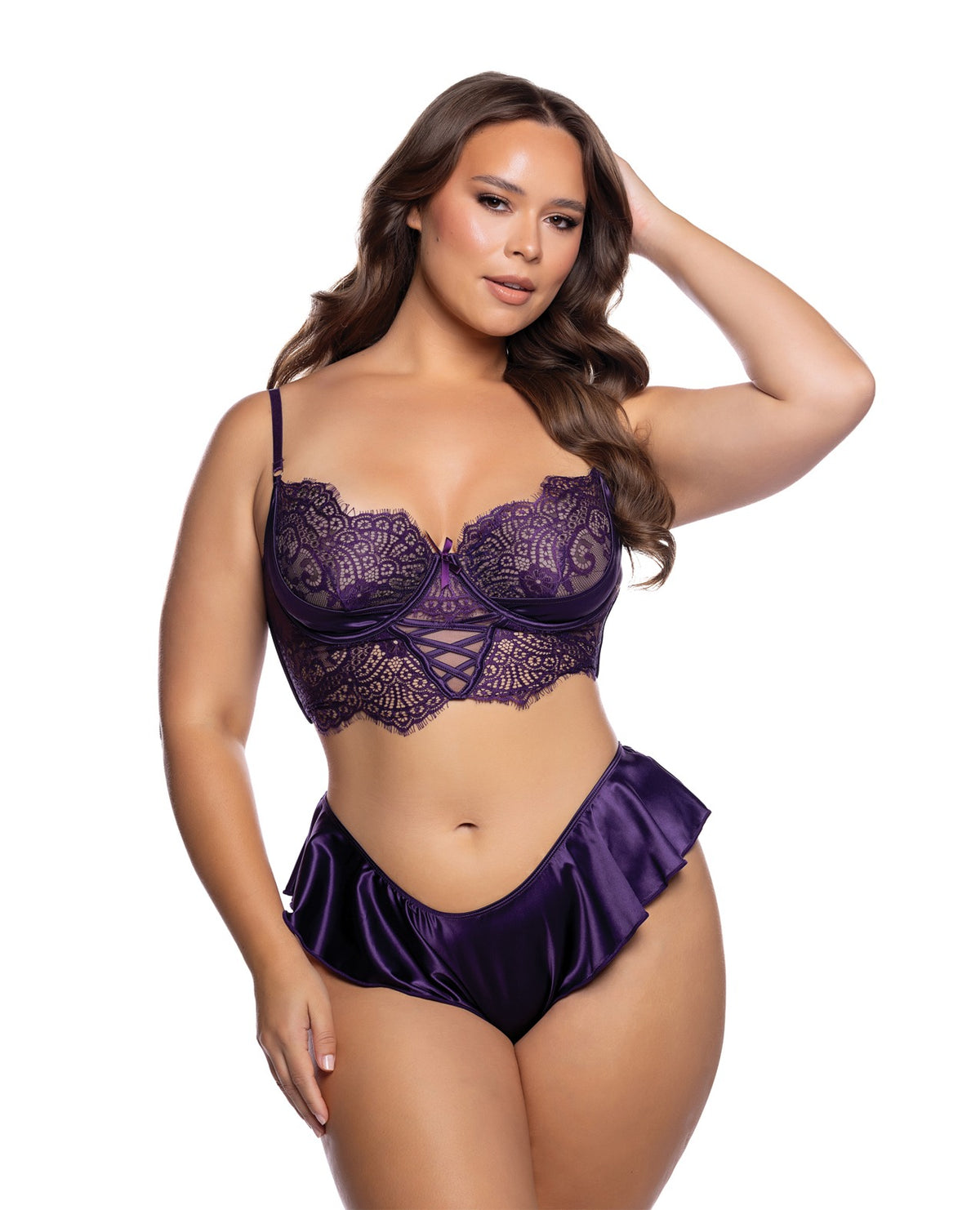 Purple Lace Crisscross Bralette With Satin Ruffle Shorts Two Piece Set 2X